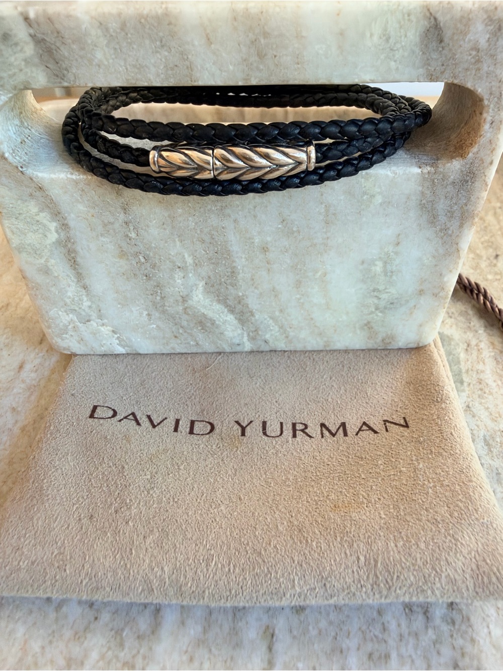 David Yurman Chevron Triple Wrap Bracelet (Black Leather with Sterling Silver)